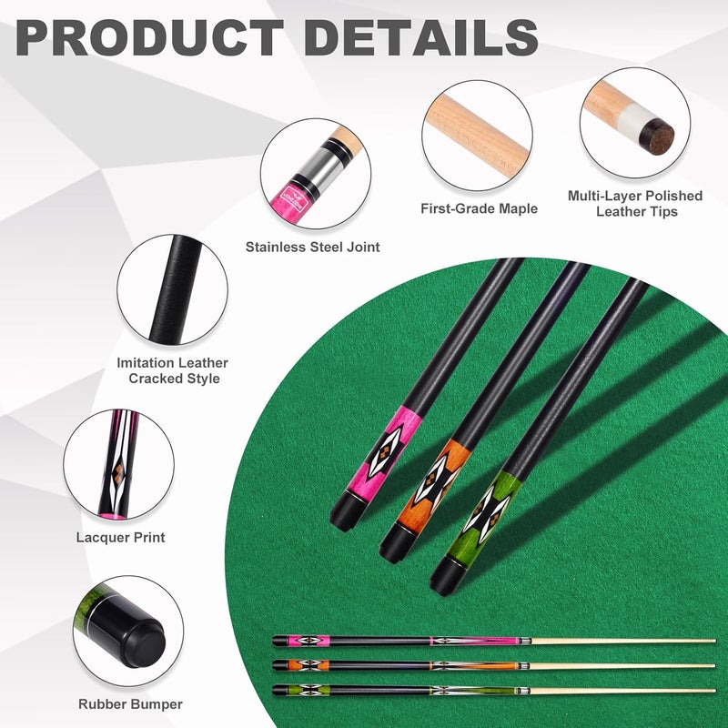 vonezone Pool Cue Stick,Pro Cue with Hard Case,Pool Sticks for Adults,Womens Pool Cue,Pool Cues for Men,58inch 19-21oz Billiard Stick Pool Cue Set,Pink/Orange/Green - Image 2